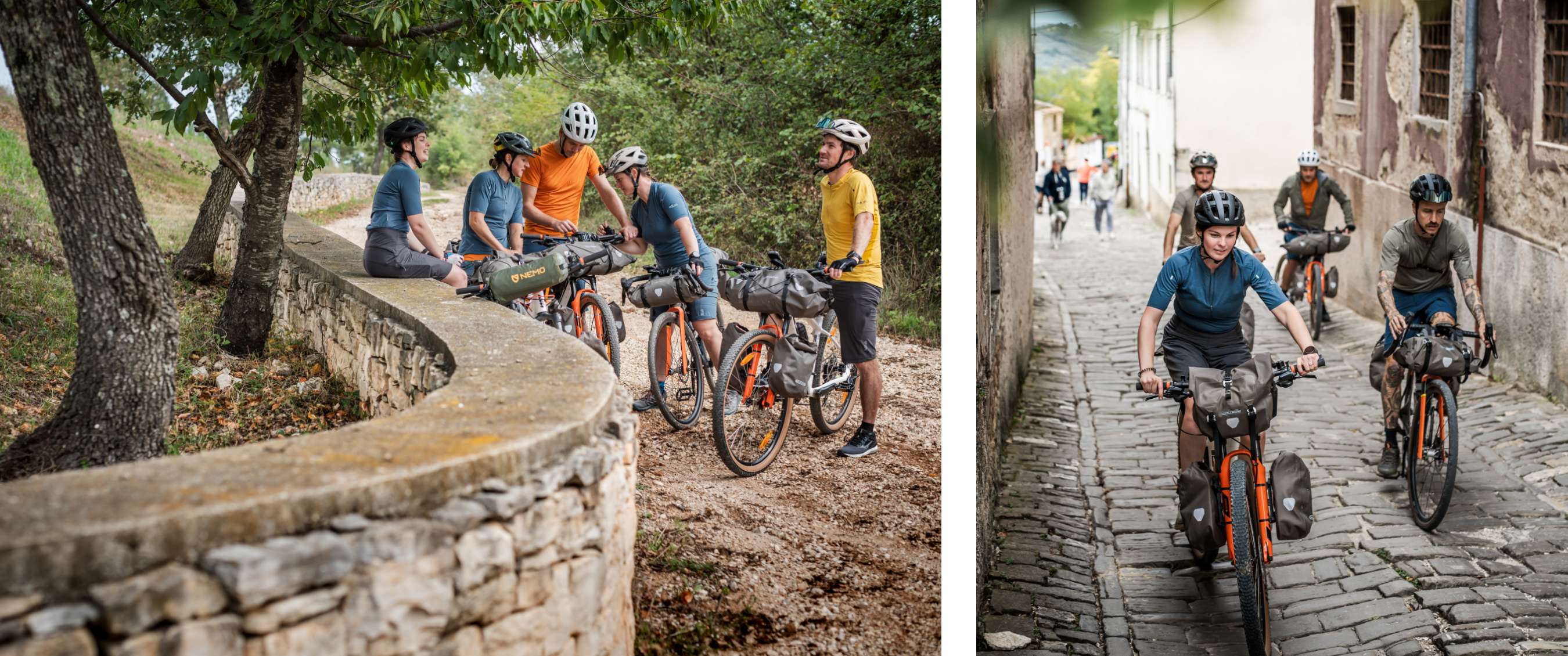 Bikepackers on the road in a village