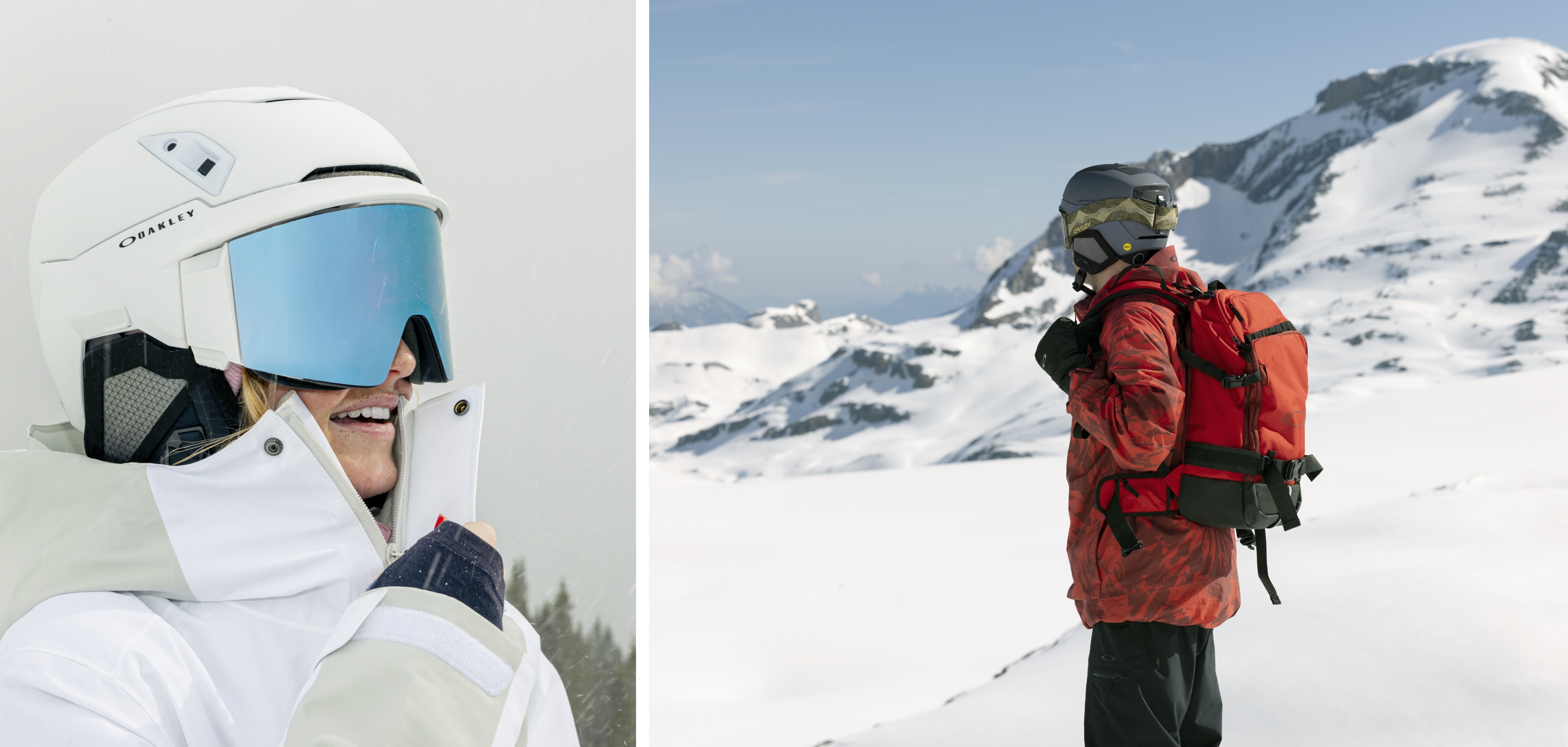 A man in a bright orange ski jacket holding various Oakley Prizm goggles is talking to the camera