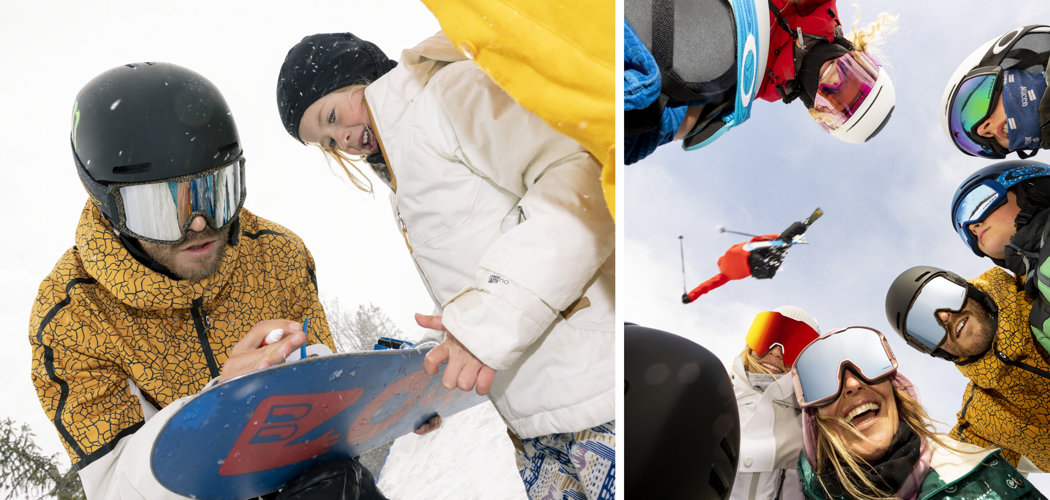 A man in a bright orange ski jacket holding various Oakley Prizm goggles is talking to the camera
