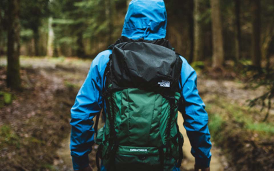 man standing wearing The North Face backpack