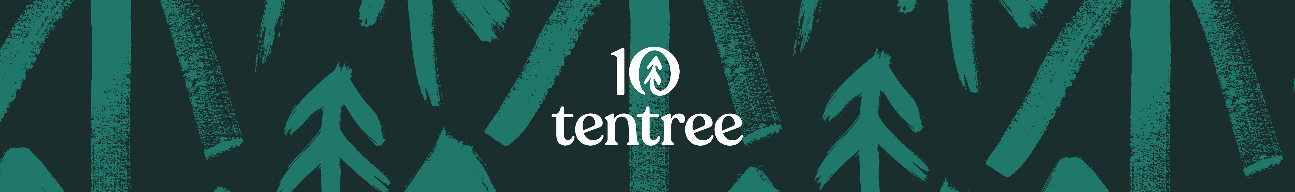 Pictures of green trees on the background with the Tentree brand logo in the middle.