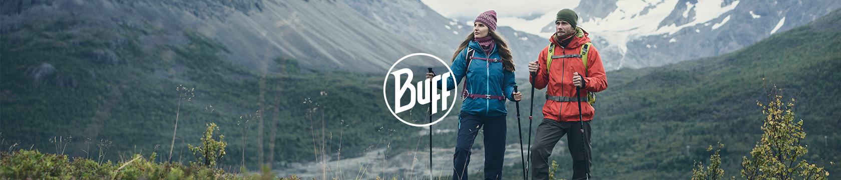 Buff header. Two people on a hike