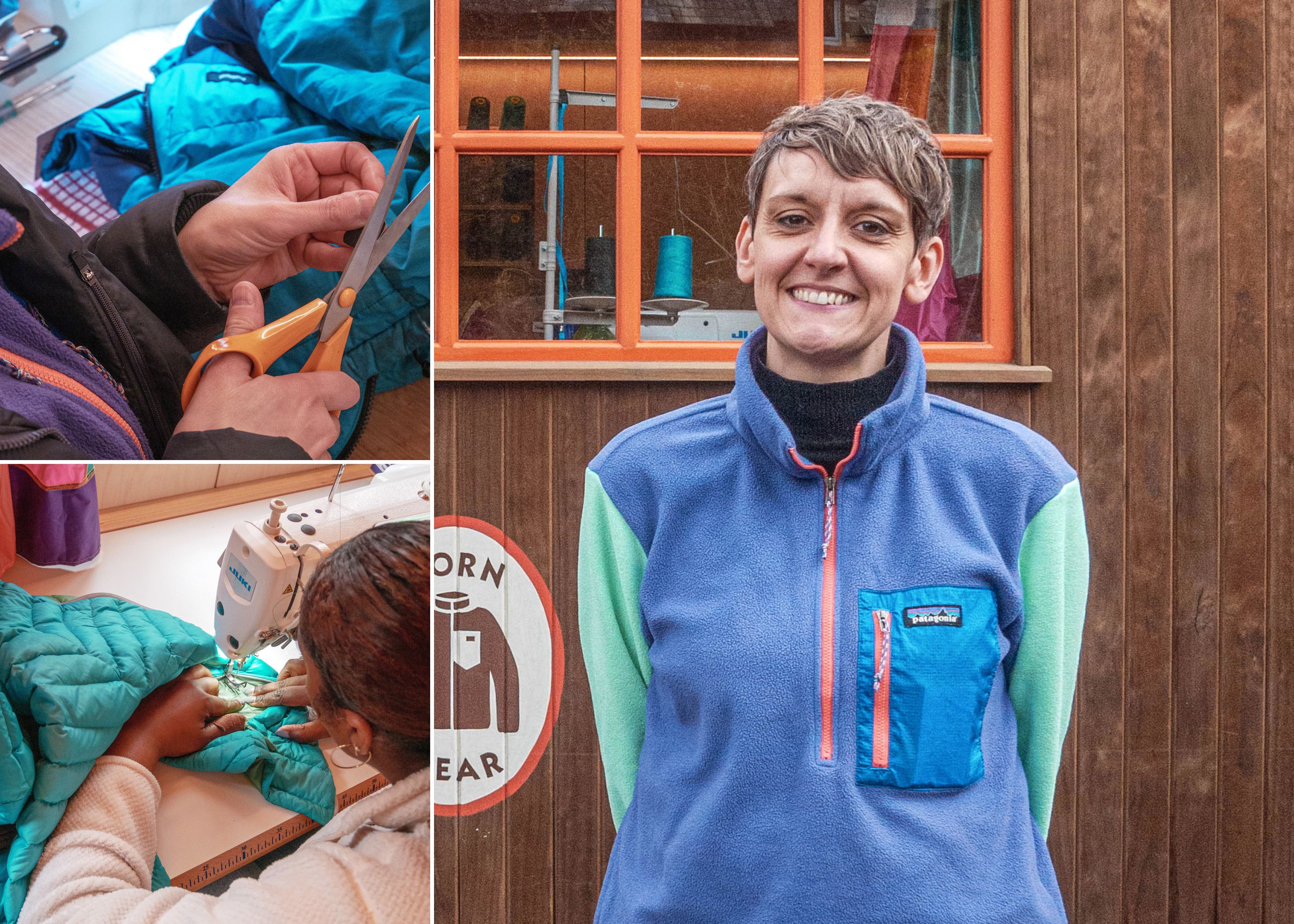 A collage of images from the patagonia worn wear tour: someone sewing, someone cutting cloth,  a person standing infront of the workshop