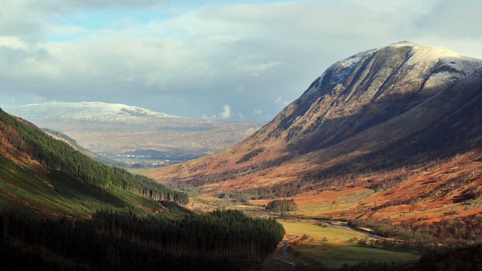 The Glen Nevis valley near Scotland's highest mountains Ben Nevis during spring time.