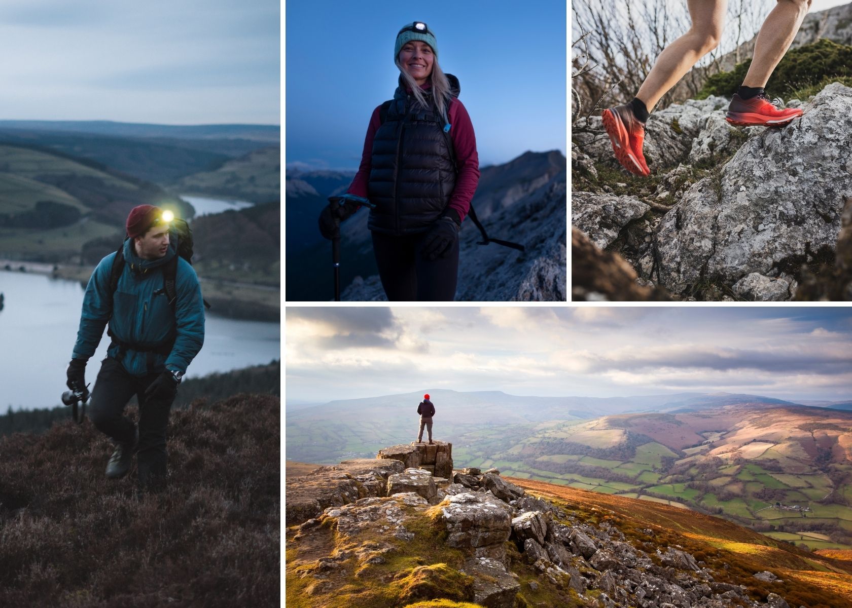People fast hiking wearing head torches 