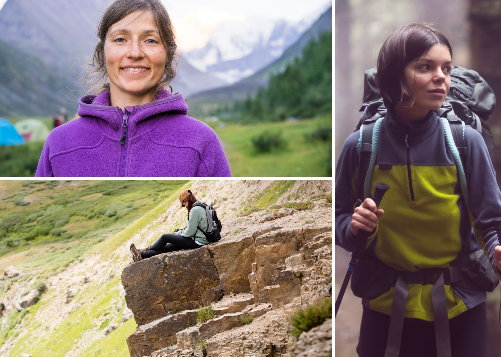 An image of three women wearing fleeces for different outdoor activities