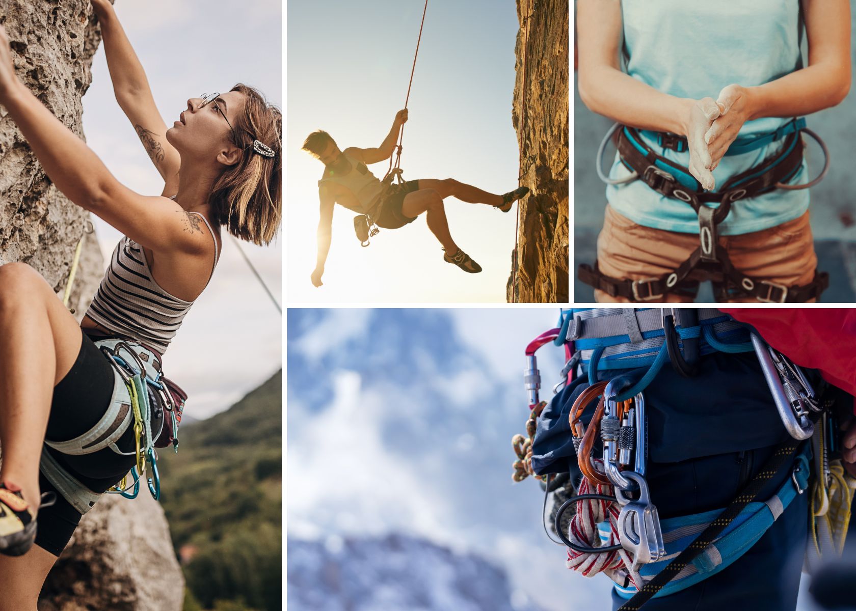 People climbing wearing climbing harnesses