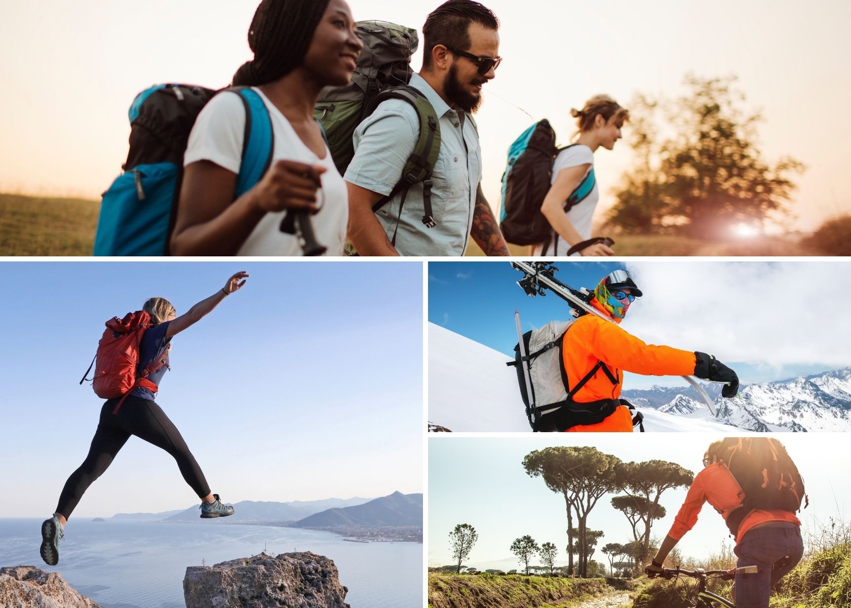 People wearing rucksacks and daypacks for various activities 