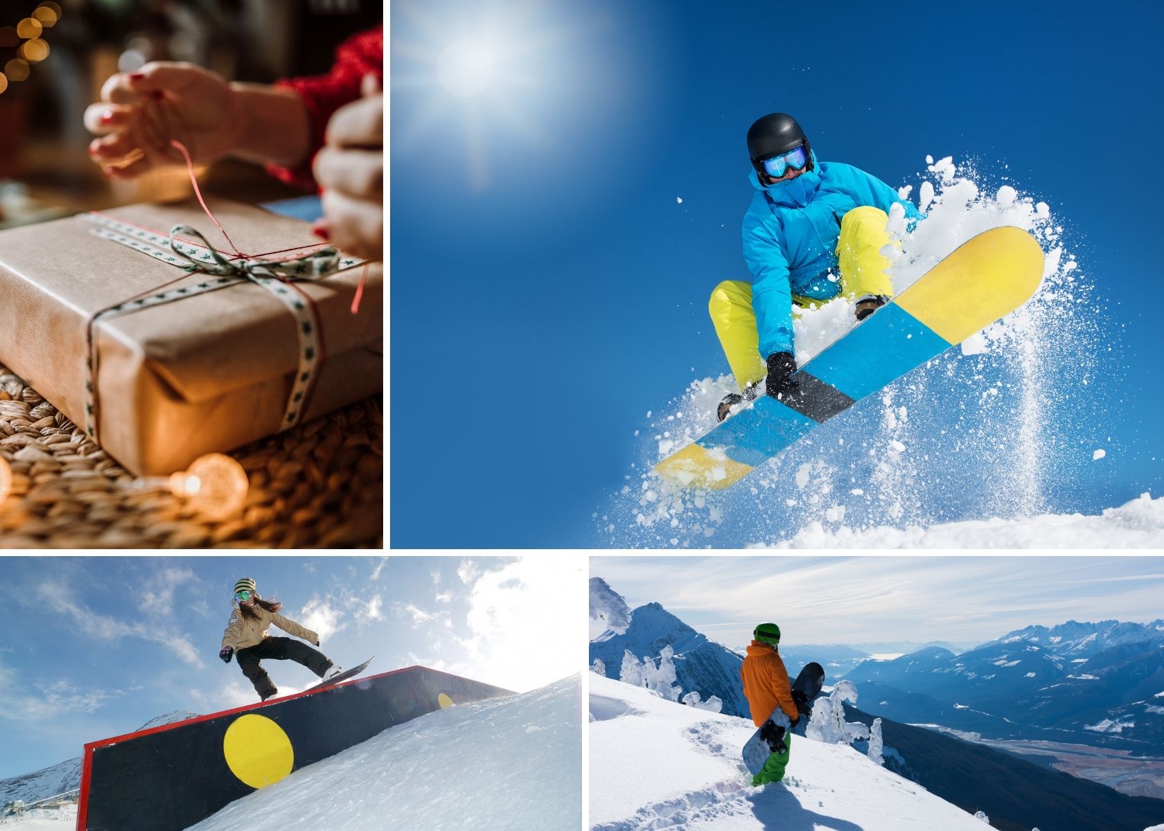 People snowboarding with their Christmas gifts 