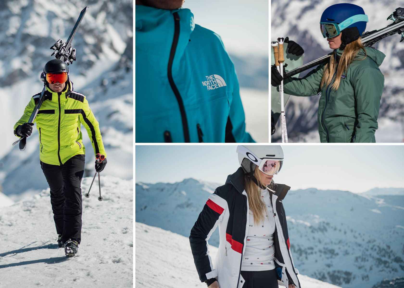 A collection of images of people wearing their ski jackets in the mountains