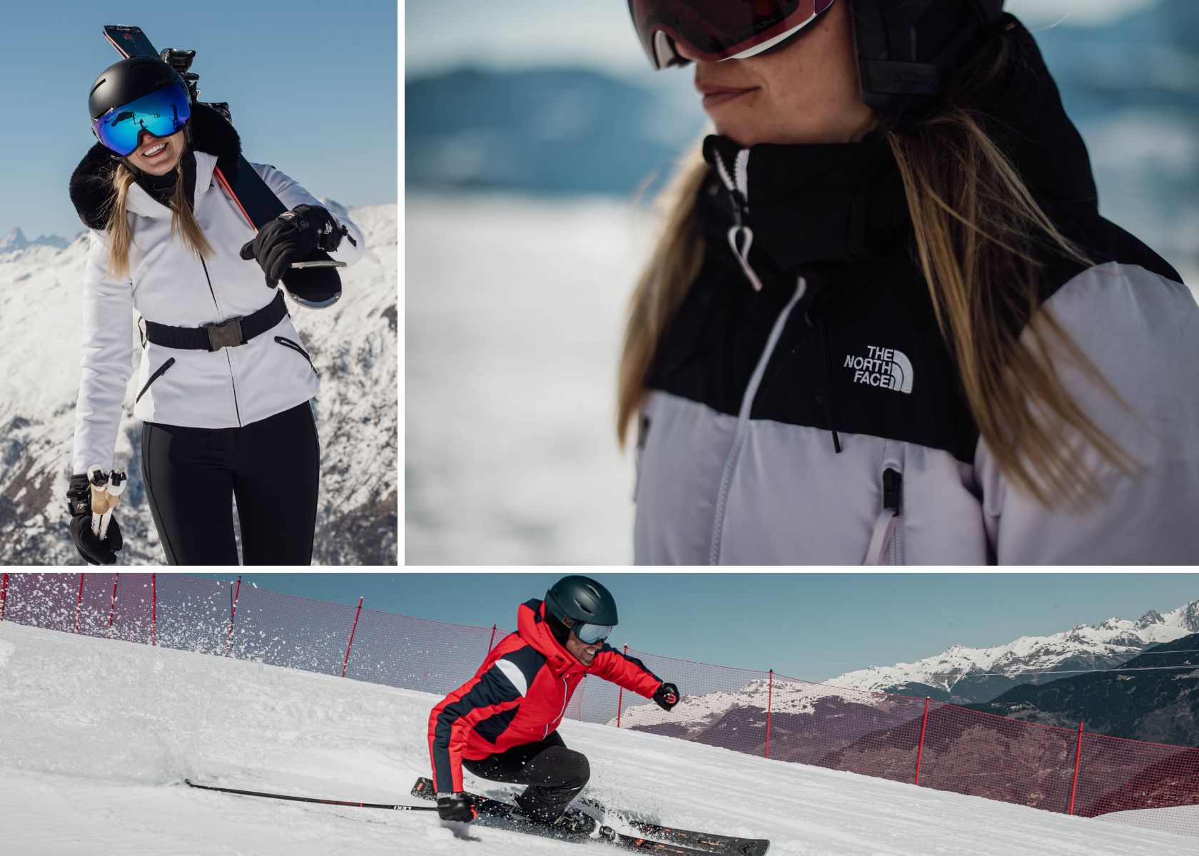 Images of a man and a woman wearing ski jackets