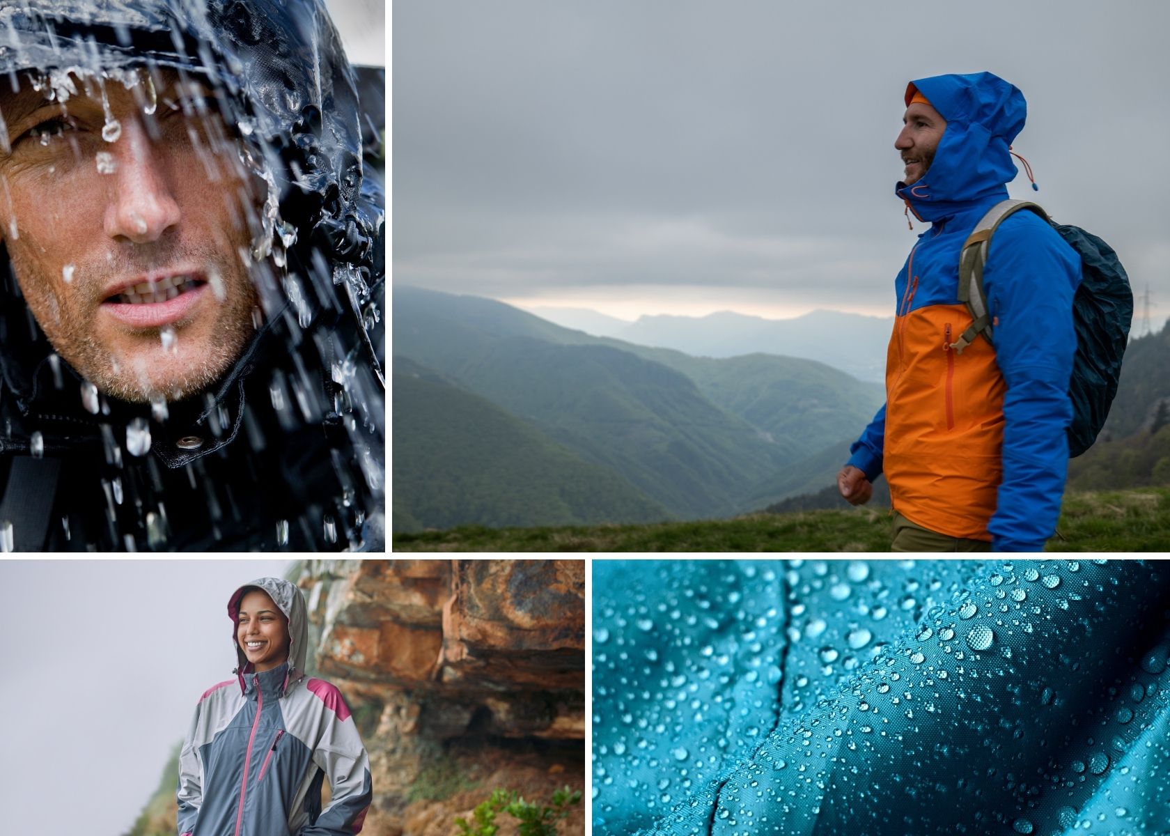Various images of waterproof jackets in action 