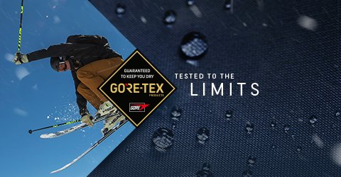 Two parts to the image - on the left - a man in GORE-TEX gear is jumping on skies.  On the right - 'Tested to the Limits' copy on the blue background with some rain drops.