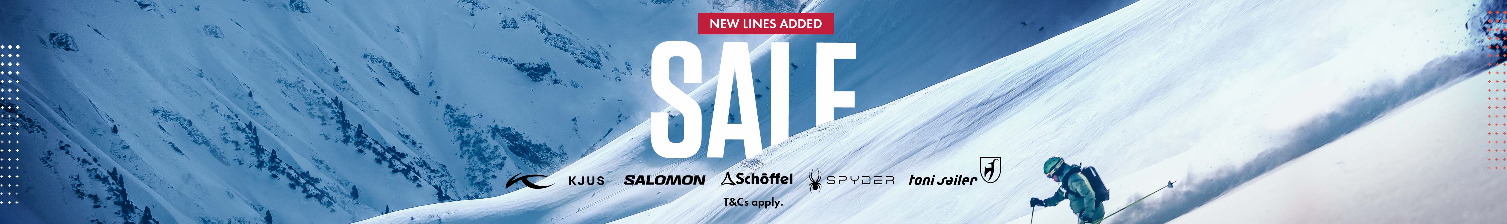 Sale new lines including brand logos for Kjus, Salamon, Schoffel, Spyder and Tony Sailer
