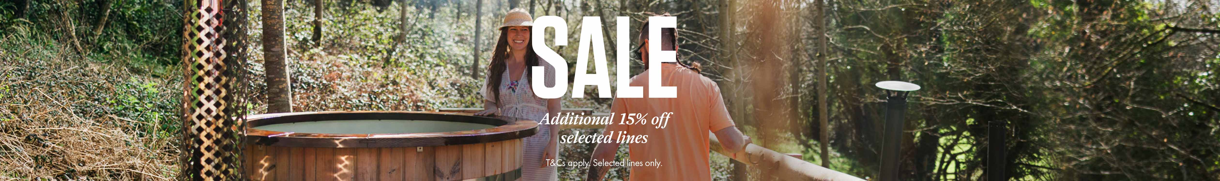Shop hot summer sale, additional 15% off selected items. People on the beach 