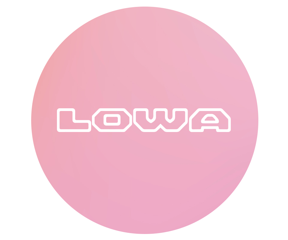 Shop Lowa footwear. Lowa brand logo on pink background.