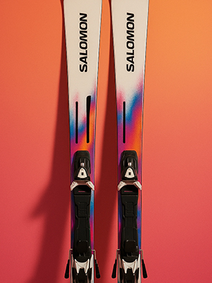Shop ski equipment. A salamon skis on graded orange and red background
