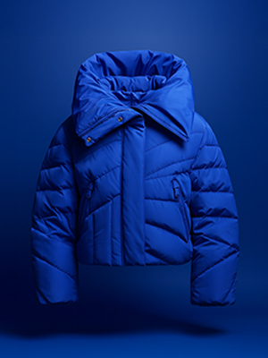 Shop ski jackets. A blue ski jacket on blue background