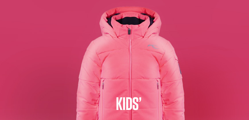 Shop ski new season. A person in blue ski gear skiing down the mountain