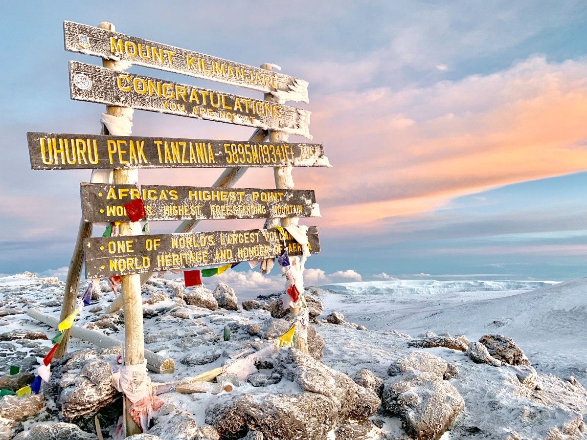 A sign at the top of Kilimanjaro's summit 