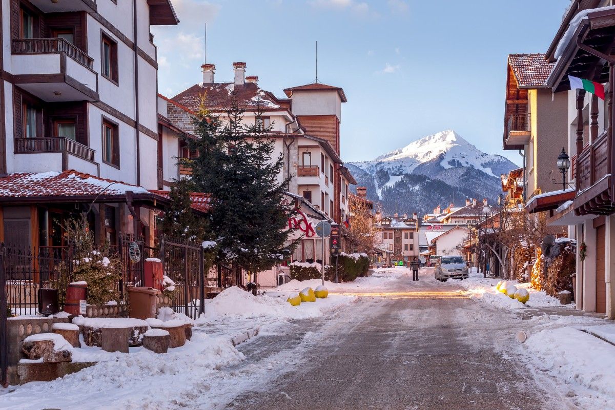 A snowy road in Bansko town 