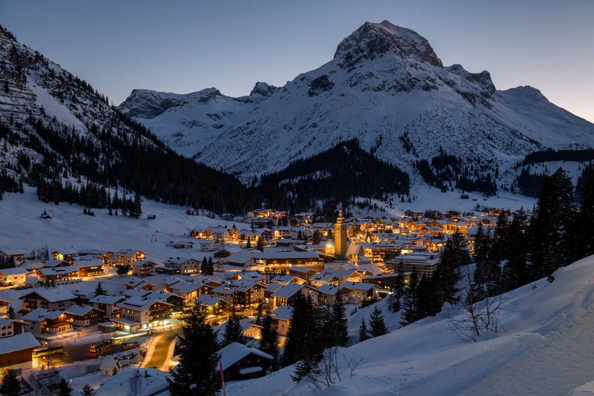 Lech ski resort, Austria, lit up at night 