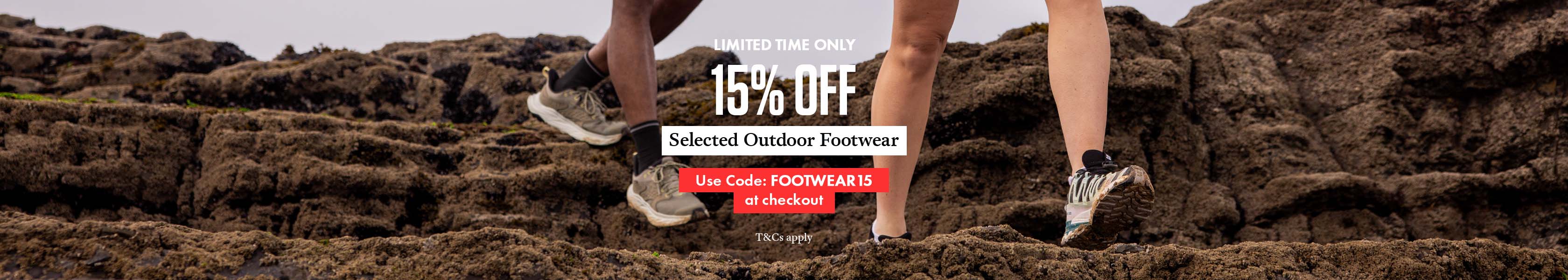 15% % off selected outdoor footwear. People's feet in walking shoes